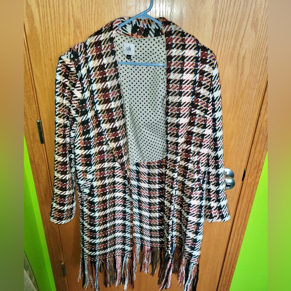 Cabi Women’s Coat Size Small Regency Tweed Long Length Fringe Peacoat Tie Waist